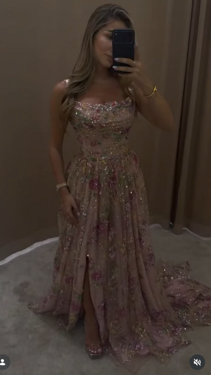 Gorgeous A-Line Tulle Sequins Long Evening Dress Giltter Pink Prom Dress ED11877