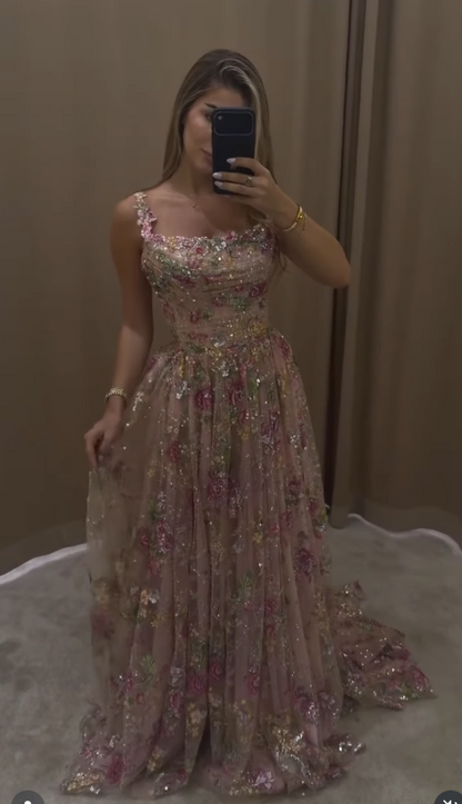 Gorgeous A-Line Tulle Sequins Long Evening Dress Giltter Pink Prom Dress ED11877