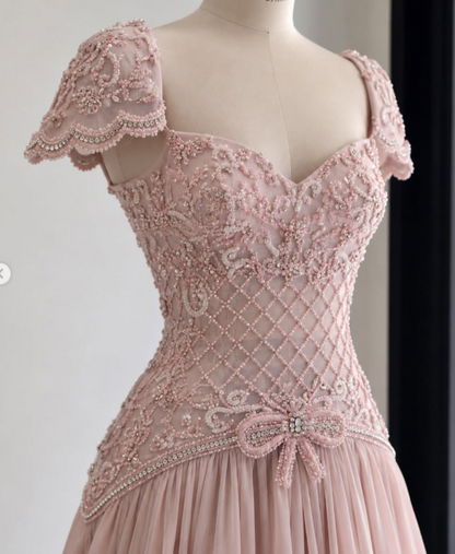 Gorgeous A-Line Chiffon Beaded Long Evening Dress Pink Prom Dress ED11878