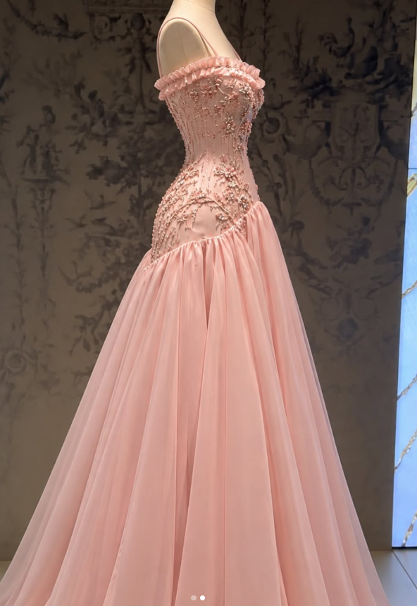 Cute A-Line Tulle Beaded Long Evening Dress Pink Prom Dress ED11879