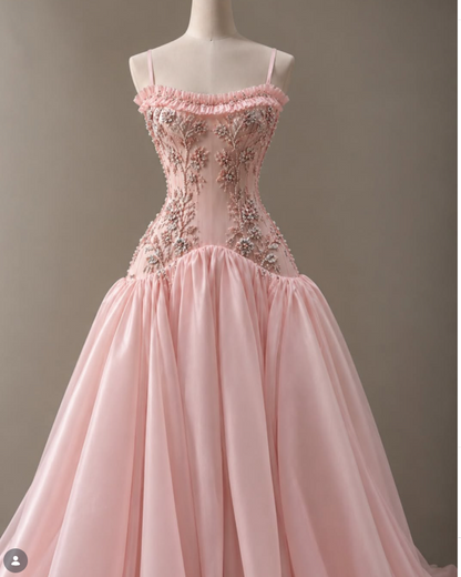 Cute A-Line Tulle Beaded Long Evening Dress Pink Prom Dress ED11879
