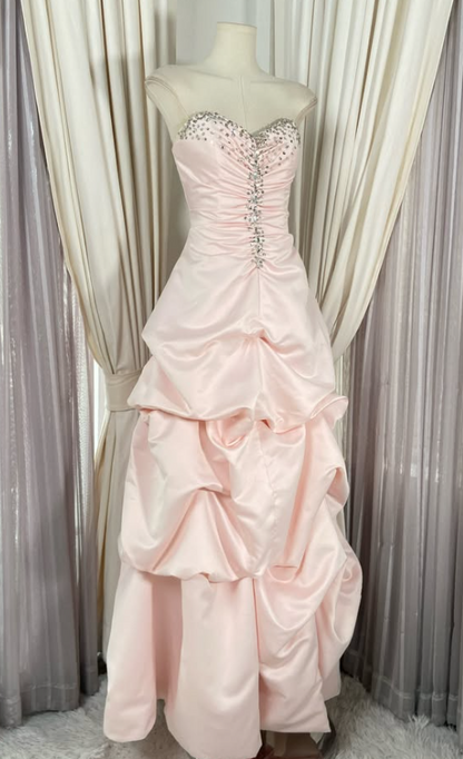 Cute A-Line Satin Long Evening Dress Pink Prom Dress ED11880