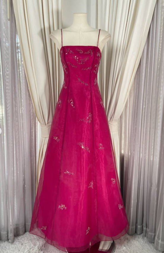 Cute A-Line Beaded Tulle Long Evening Dress Hot Pink Prom Dress ED11881