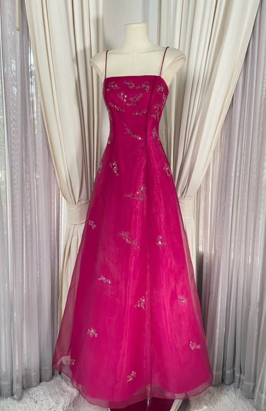 Cute A-Line Beaded Tulle Long Evening Dress Hot Pink Prom Dress ED11881