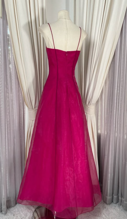 Cute A-Line Beaded Tulle Long Evening Dress Hot Pink Prom Dress ED11881