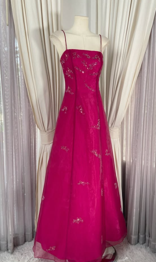 Cute A-Line Beaded Tulle Long Evening Dress Hot Pink Prom Dress ED11881