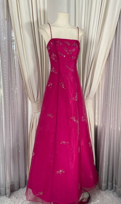 Cute A-Line Beaded Tulle Long Evening Dress Hot Pink Prom Dress ED11881