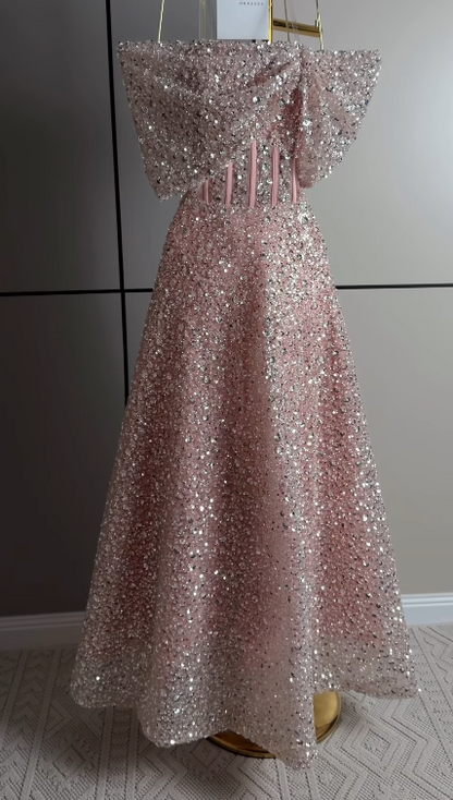 Cute A-Line Sequins Tulle Long Evening Dress Pink Prom Dress ED11882