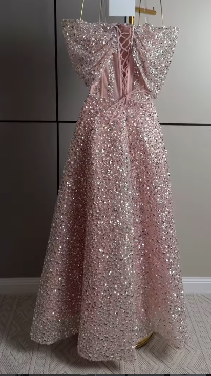 Cute A-Line Sequins Tulle Long Evening Dress Pink Prom Dress ED11882