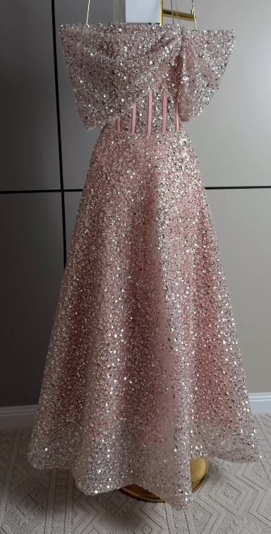 Cute A-Line Sequins Tulle Long Evening Dress Pink Prom Dress ED11882