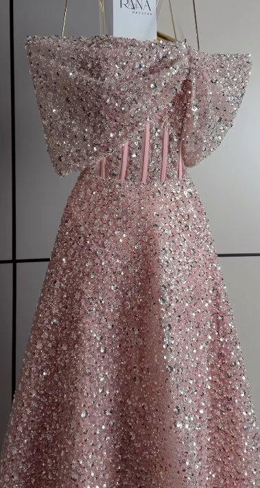 Cute A-Line Sequins Tulle Long Evening Dress Pink Prom Dress ED11882