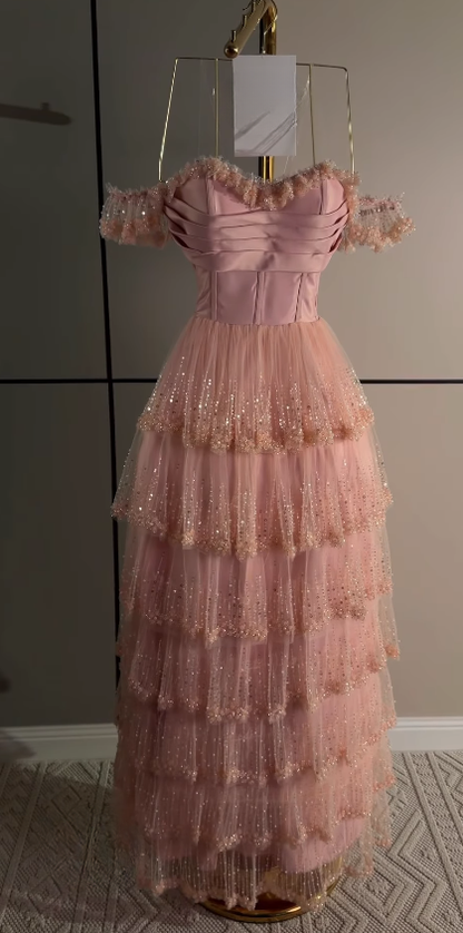 Cute A-Line Sequins Tulle Long Evening Dress Pink Prom Dress ED11883