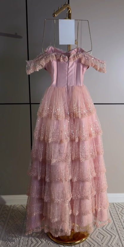 Cute A-Line Sequins Tulle Long Evening Dress Pink Prom Dress ED11883