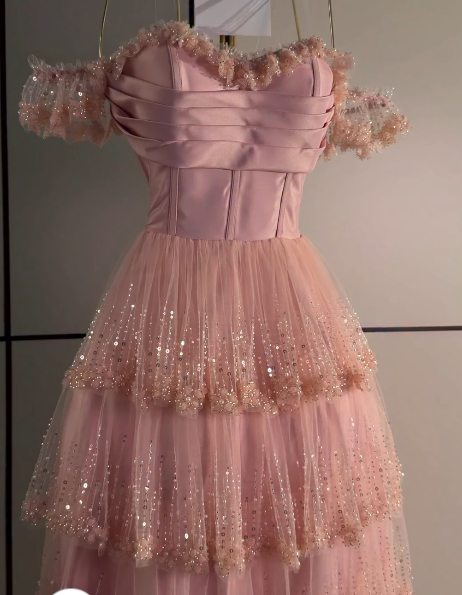 Cute A-Line Sequins Tulle Long Evening Dress Pink Prom Dress ED11883