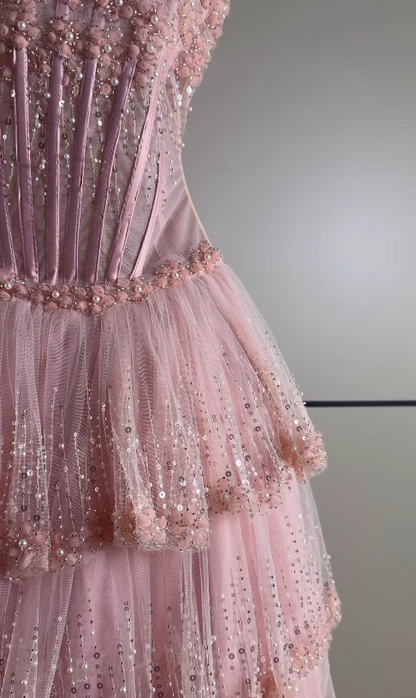 Pretty Strapless A-Line Sequins Tulle Long Evening Dress Pink Prom Dress ED11884
