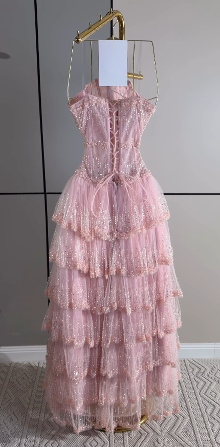 Pretty Strapless A-Line Sequins Tulle Long Evening Dress Pink Prom Dress ED11884