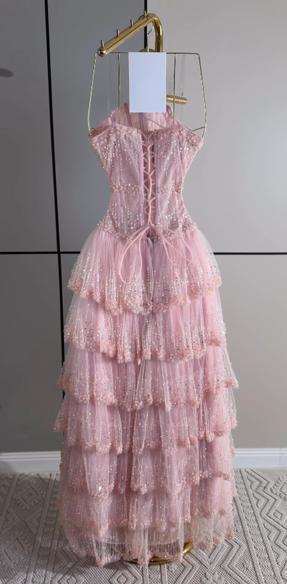 Pretty Strapless A-Line Sequins Tulle Long Evening Dress Pink Prom Dress ED11884