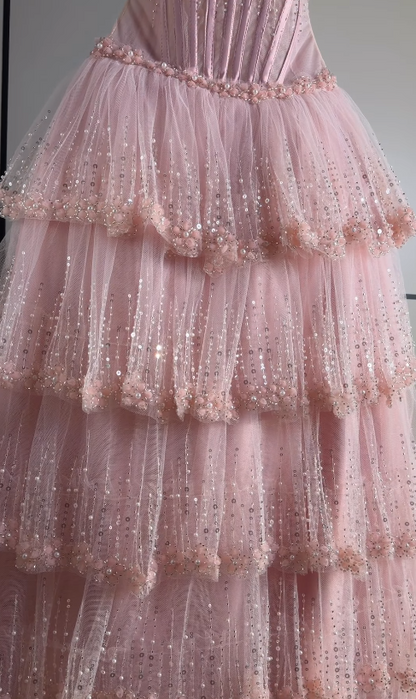 Pretty Strapless A-Line Sequins Tulle Long Evening Dress Pink Prom Dress ED11884
