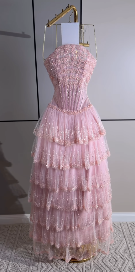 Pretty Strapless A-Line Sequins Tulle Long Evening Dress Pink Prom Dress ED11884