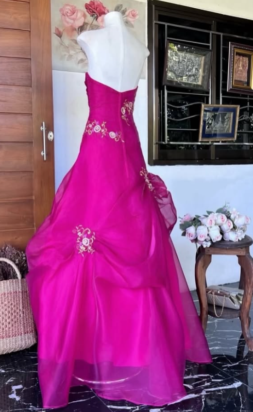 Pretty Strapless A-Line Sequins Tulle Long Evening Dress Hot Pink Prom Dress ED11885