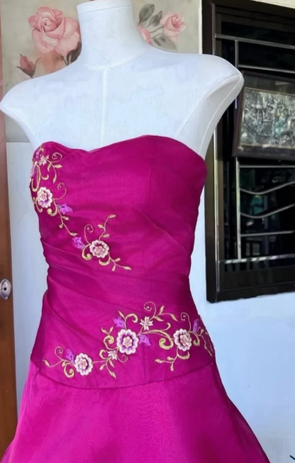 Pretty Strapless A-Line Sequins Tulle Long Evening Dress Hot Pink Prom Dress ED11885