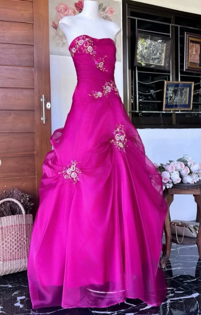 Pretty Strapless A-Line Sequins Tulle Long Evening Dress Hot Pink Prom Dress ED11885