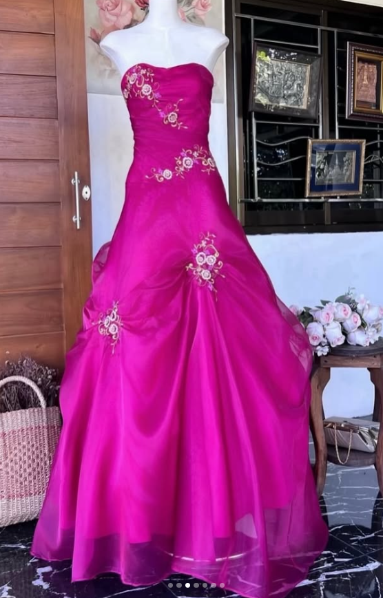 Pretty Strapless A-Line Sequins Tulle Long Evening Dress Hot Pink Prom Dress ED11885