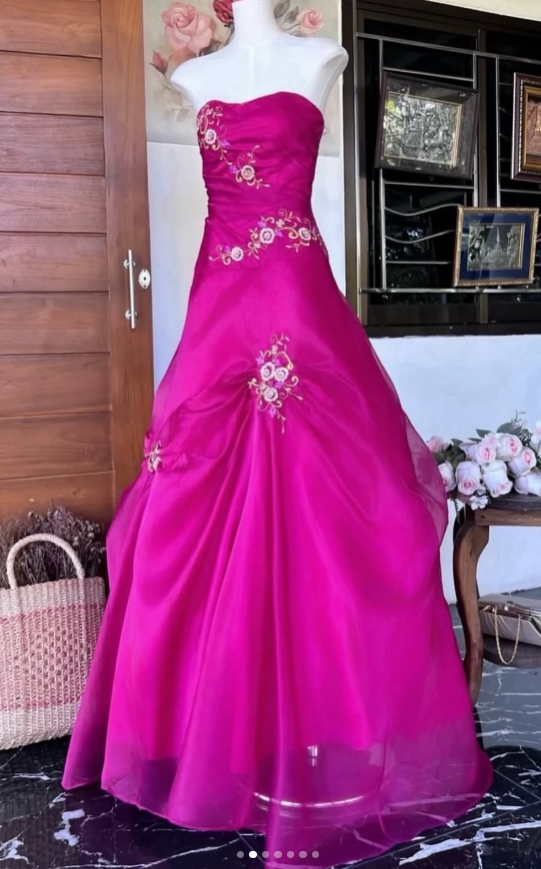 Pretty Strapless A-Line Sequins Tulle Long Evening Dress Hot Pink Prom Dress ED11885