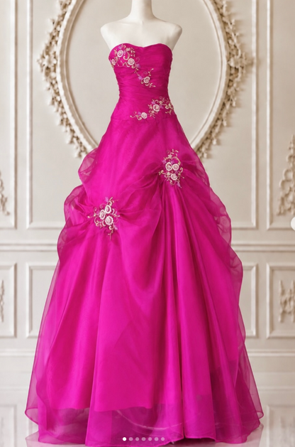 Pretty Strapless A-Line Sequins Tulle Long Evening Dress Hot Pink Prom Dress ED11885