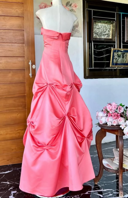 Pretty Strapless A-Line Satin Long Evening Dress Pink Prom DressED11886