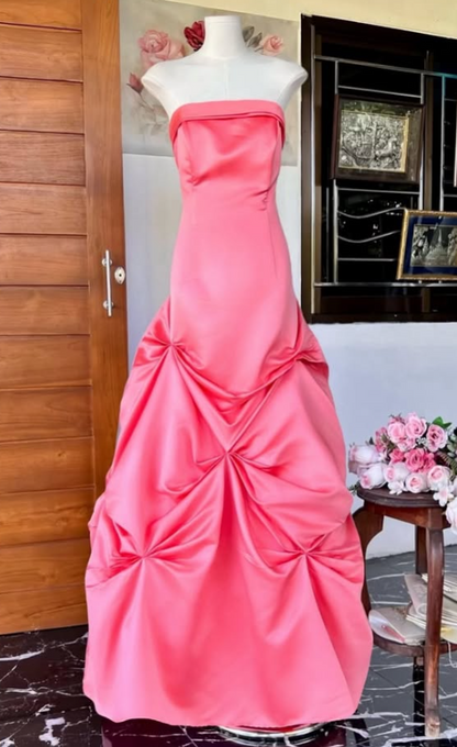 Pretty Strapless A-Line Satin Long Evening Dress Pink Prom DressED11886