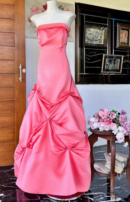 Pretty Strapless A-Line Satin Long Evening Dress Pink Prom DressED11886