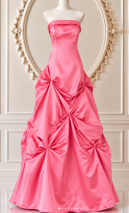Pretty Strapless A-Line Satin Long Evening Dress Pink Prom DressED11886