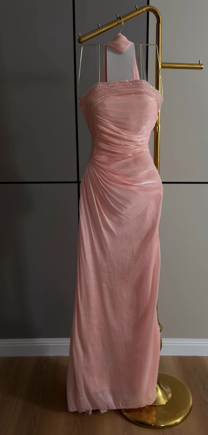Pretty Strapless Sheath Chiffon Long Evening Dress Blush Pink Prom Dress ED11887