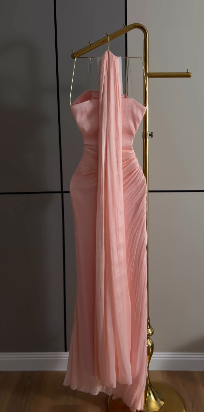 Pretty Strapless Sheath Chiffon Long Evening Dress Blush Pink Prom Dress ED11887