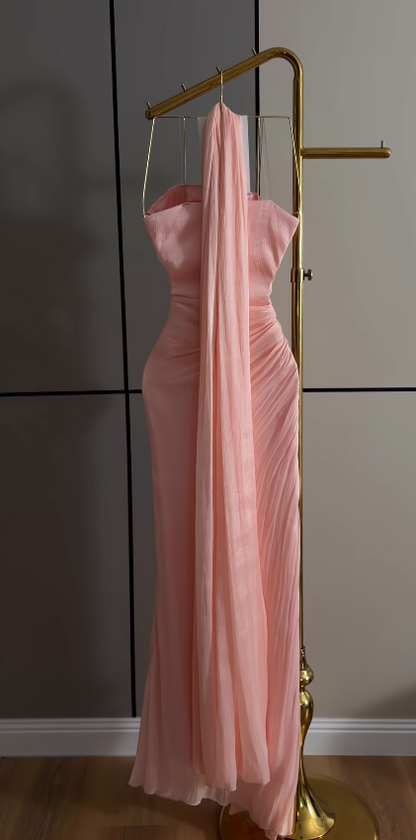 Pretty Strapless Sheath Chiffon Long Evening Dress Blush Pink Prom Dress ED11887