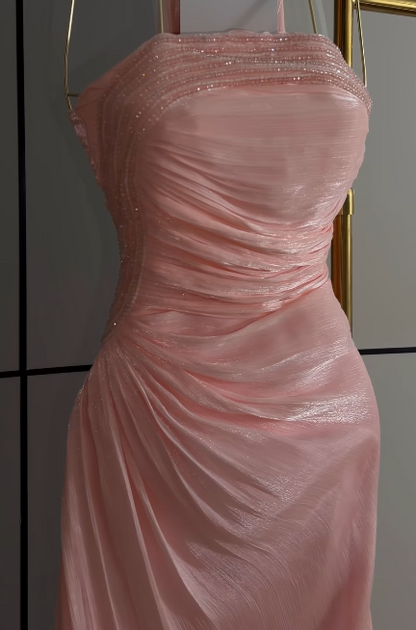 Pretty Strapless Sheath Chiffon Long Evening Dress Blush Pink Prom Dress ED11887