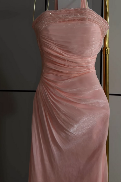 Pretty Strapless Sheath Chiffon Long Evening Dress Blush Pink Prom Dress ED11887