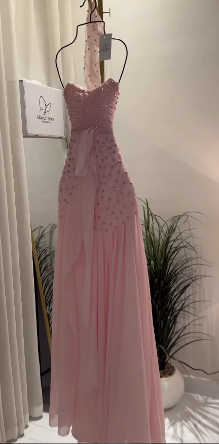Pretty Strapless Sheath Chiffon Long Evening Dress Pink Prom Dress ED11888