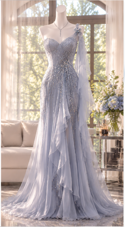 Pretty Sheath Beaded Chiffon Long Evening Dress Pale Blue Prom Dress ED11889