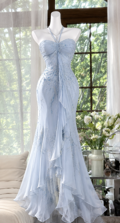 Pretty Sheath Beaded Chiffon Long Evening Dress Pale Blue Prom Dress ED11891