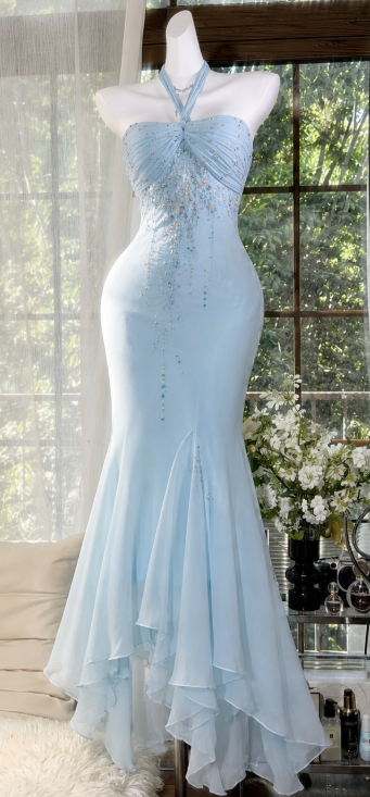 Pretty Sheath Beaded Chiffon Long Evening Dress Pale Blue Prom Dress ED11892