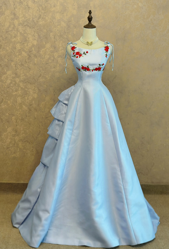 Chic A-line Satin Long Evening Dress Blue Prom Dress ED11895