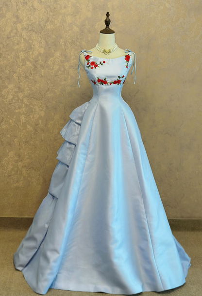 Chic A-line Satin Long Evening Dress Blue Prom Dress ED11895