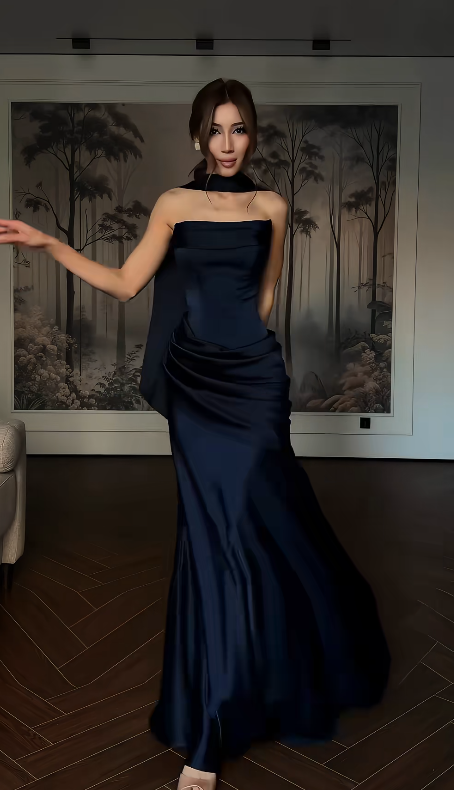 Chic Sheath Satin Long Evening Dress Navy Blue Prom Dress ED11897