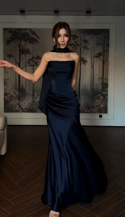 Chic Sheath Satin Long Evening Dress Navy Blue Prom Dress ED11897