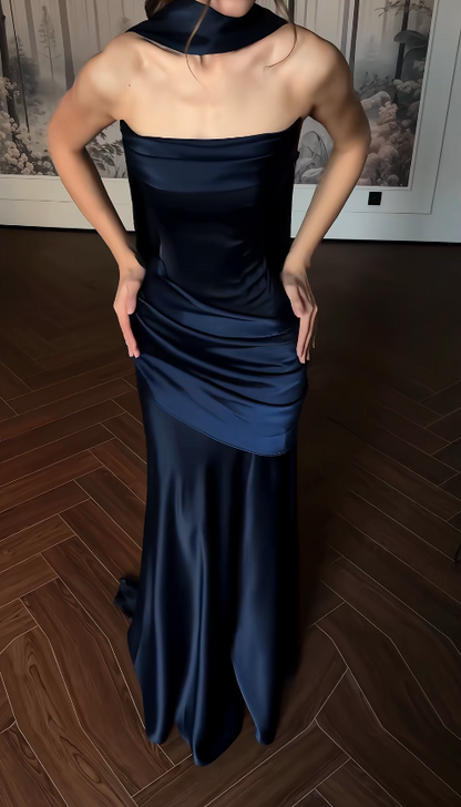 Chic Sheath Satin Long Evening Dress Navy Blue Prom Dress ED11897