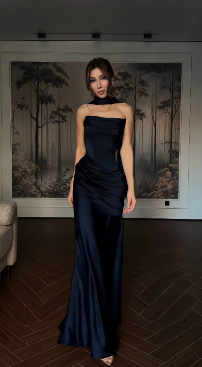 Chic Sheath Satin Long Evening Dress Navy Blue Prom Dress ED11897