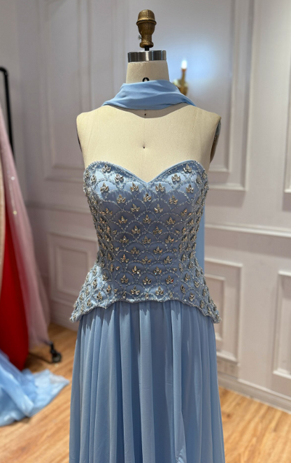 Chic Sheath Chiffon Long Evening Dress Pale Blue Prom Dress ED11898