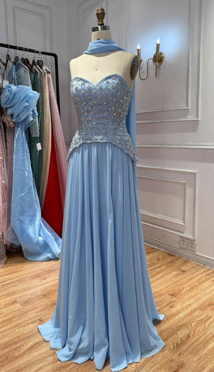 Chic Sheath Chiffon Long Evening Dress Pale Blue Prom Dress ED11898